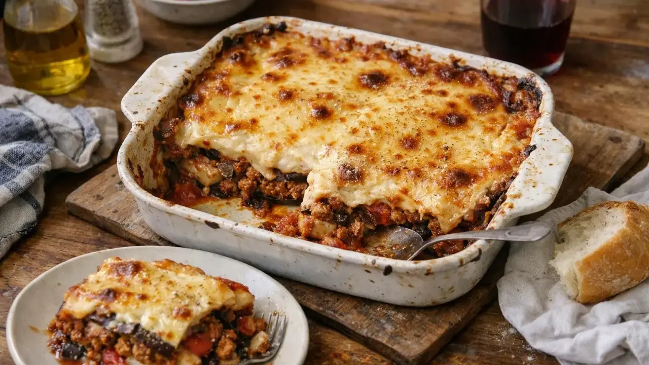 Un plat de moussaka gratinée, prêt à être dégusté. Une invitation à préparer cette recette savoureuse.
