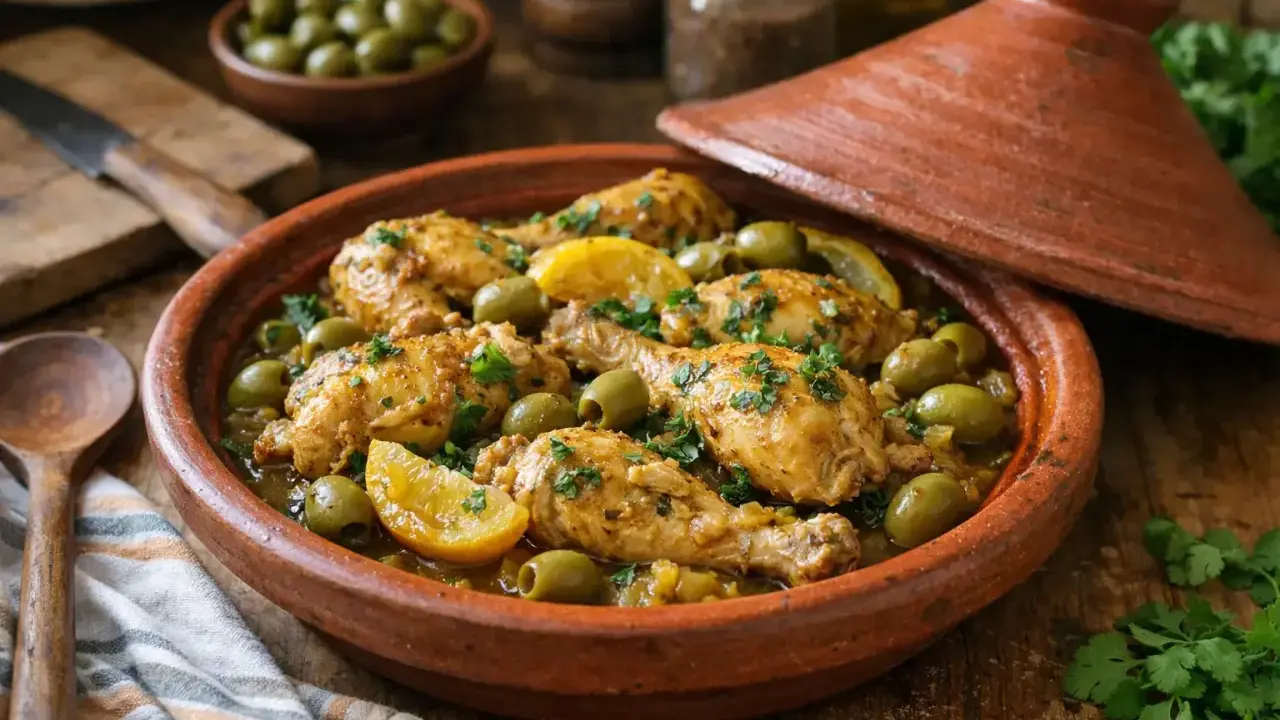Un savoureux tajine poulet aux olives et citrons confits, garni de persil frais, prêt à être dégusté.