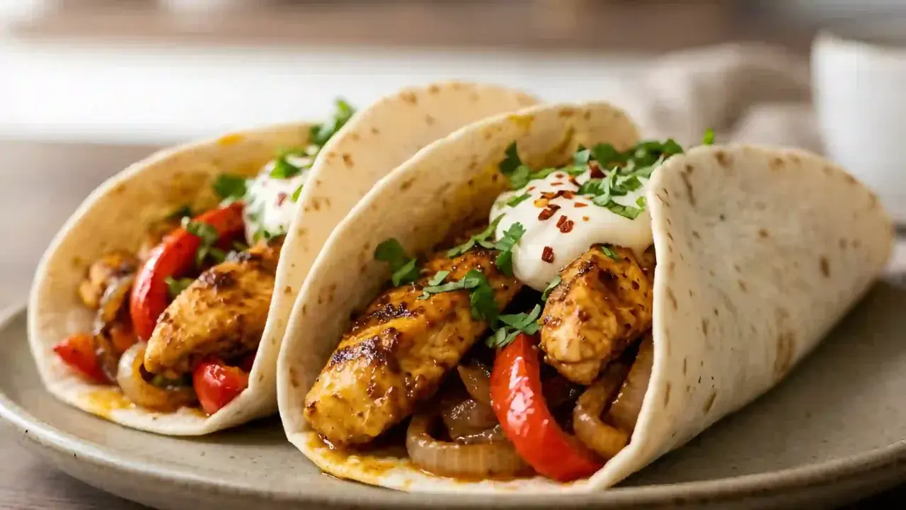 Trois fajitas poulet garnies de poulet grillé, poivrons, oignons, crème fraîche et coriandre. Un délice !