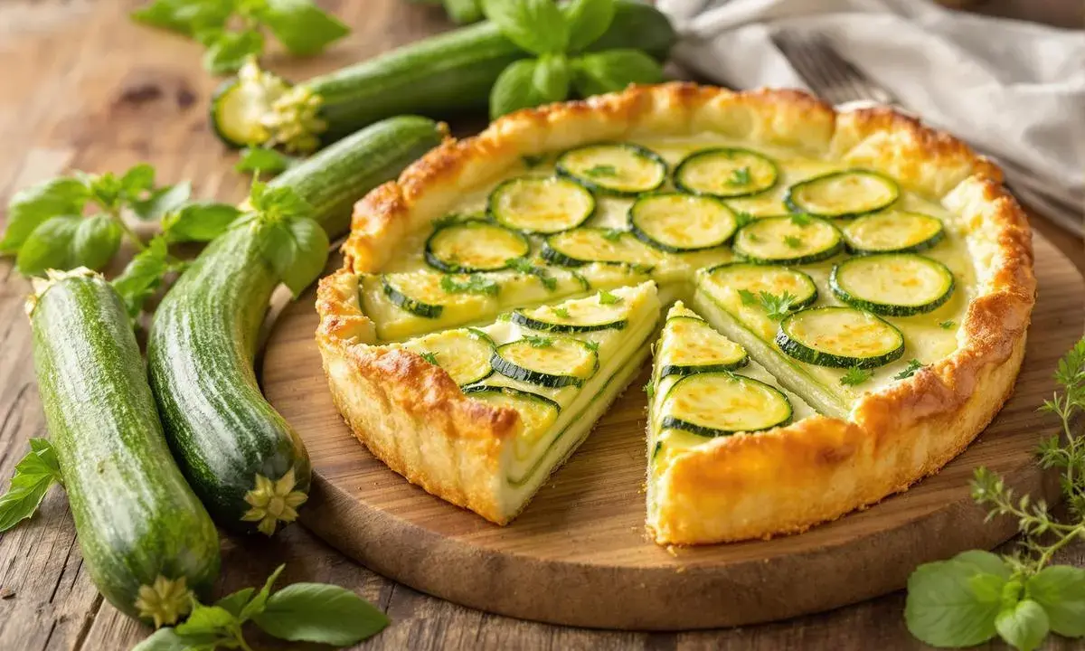 Une délicieuse tarte courgette, garnie de rondelles de courgettes fraîches et de persil, sur un fond de courgettes entières et de basilic.
