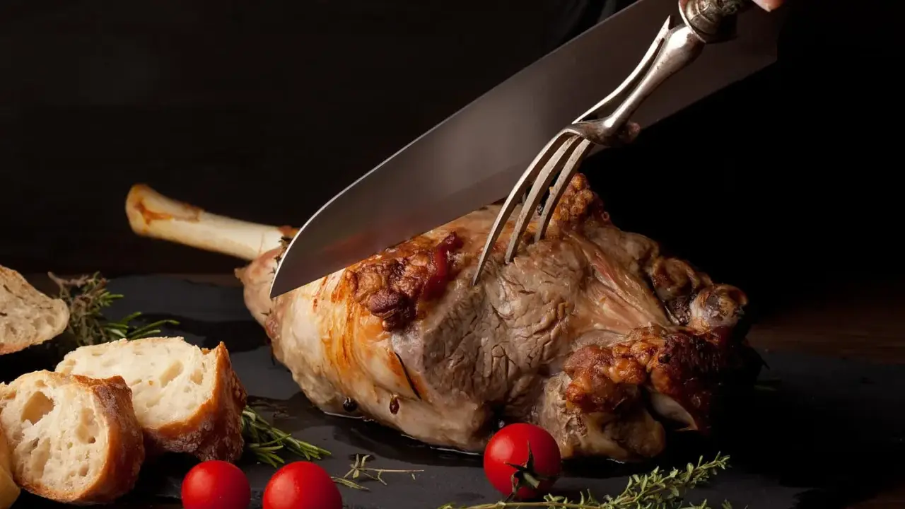Une main utilise un couteau et une fourchette pour découper un gigot d'agneau rôti, prêt à être servi avec du pain et des tomates.