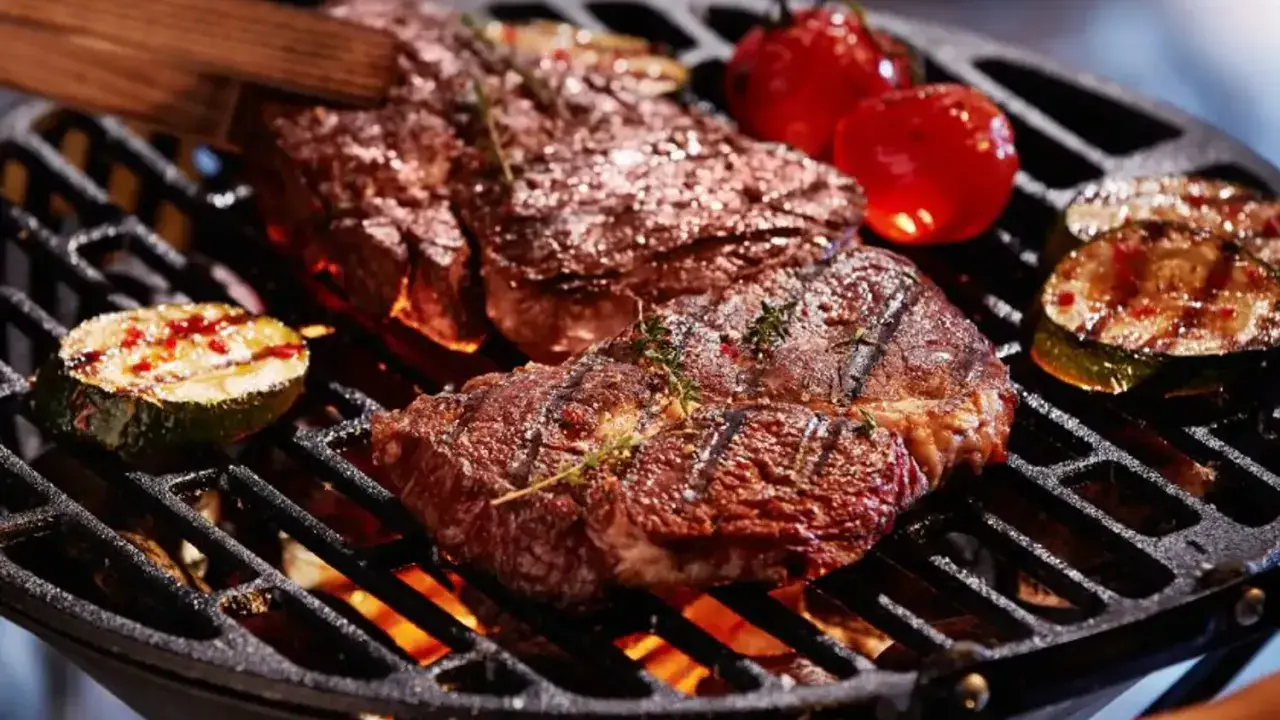 Un délicieux barbecue hivernal avec des steaks juteux, des tomates cerises et des courgettes grillées sur un feu vif.