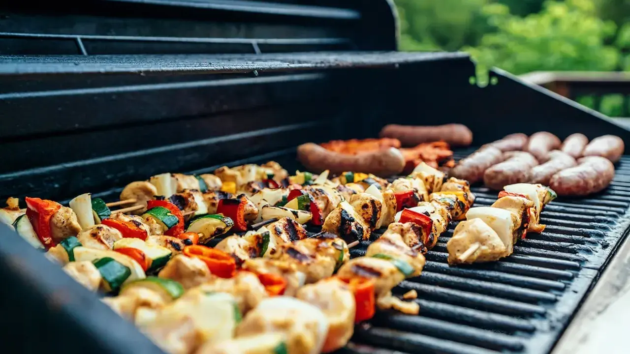 Brochettes de poulet et légumes, saucisses en cuisson barbecue gaz. L'été arrive, les grillades sont prêtes !