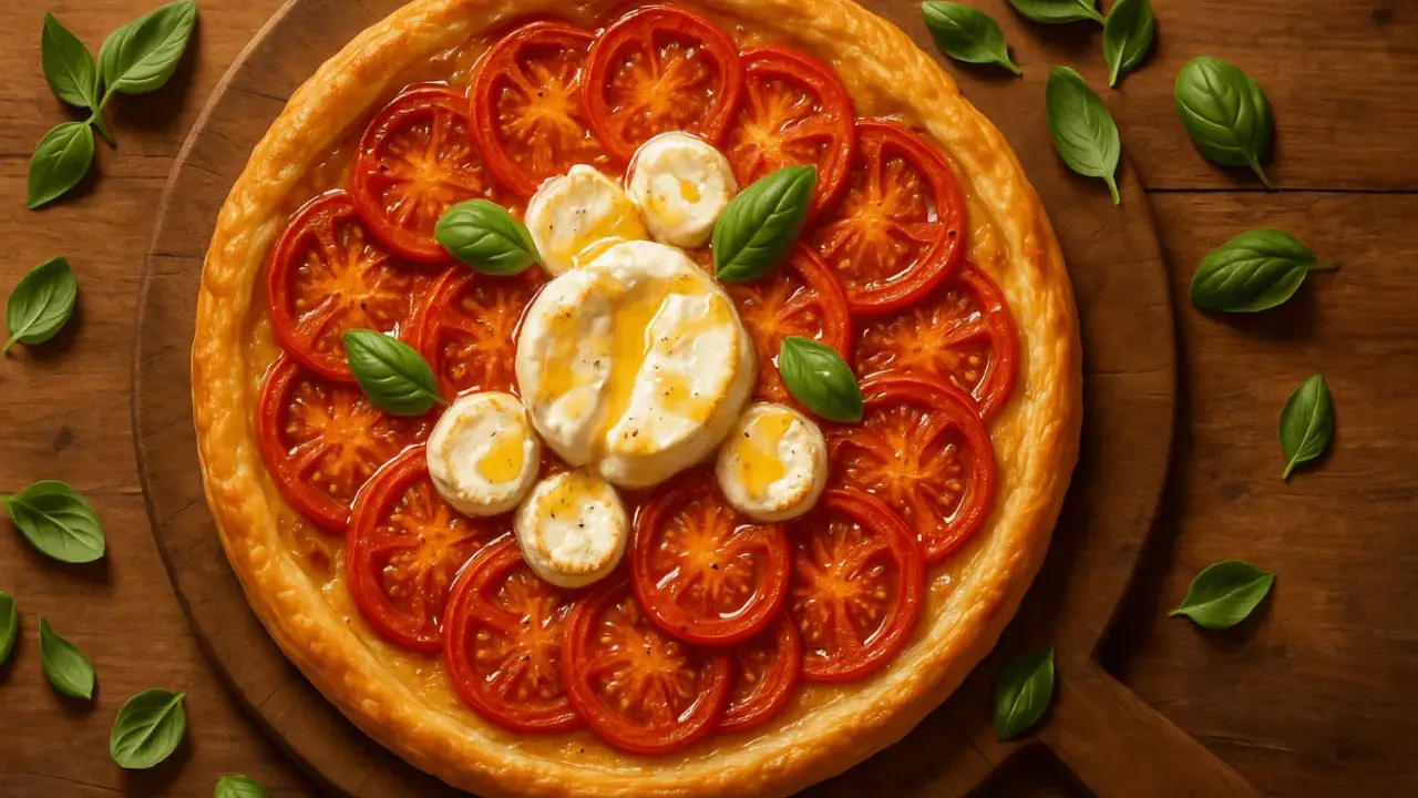 Tarte tomate chèvre, une pâte dorée garnie de rondelles de tomates juteuses et de fromage de chèvre fondant, parsemée de feuilles de basilic frais.