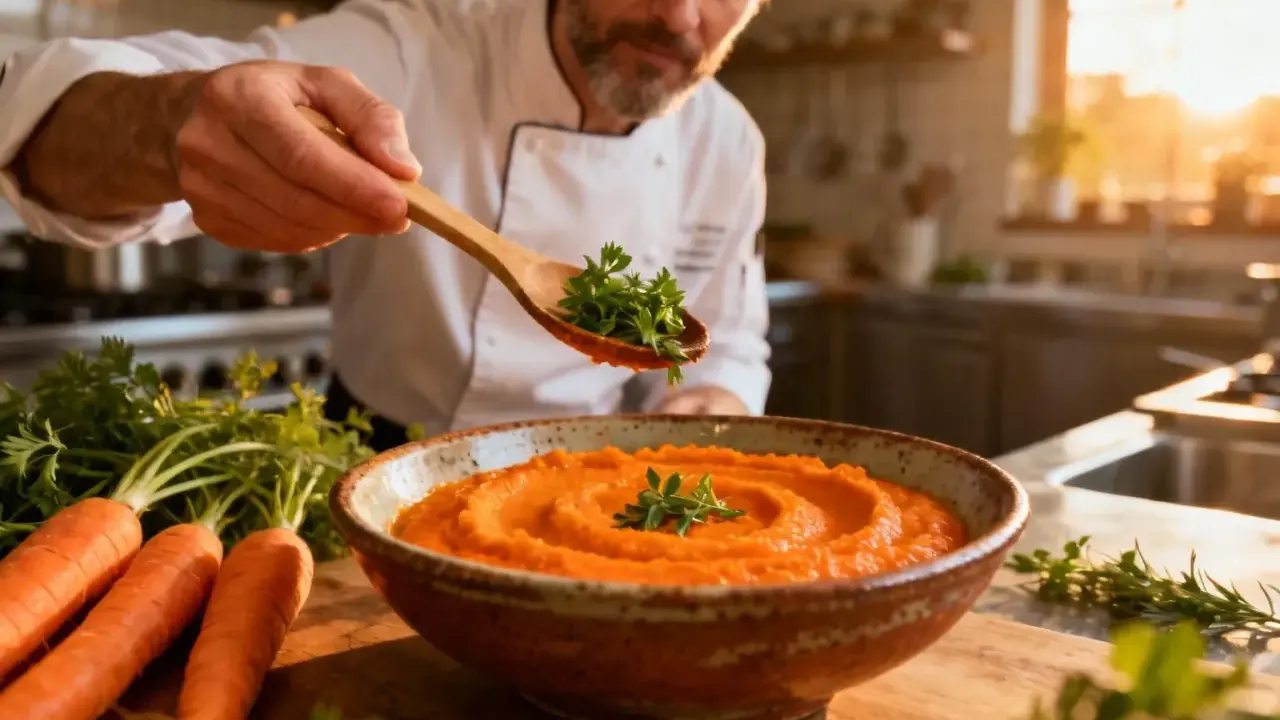 Un chef décore une purée de carotte onctueuse avec des herbes fraîches. Des carottes crues sont disposées à côté.
