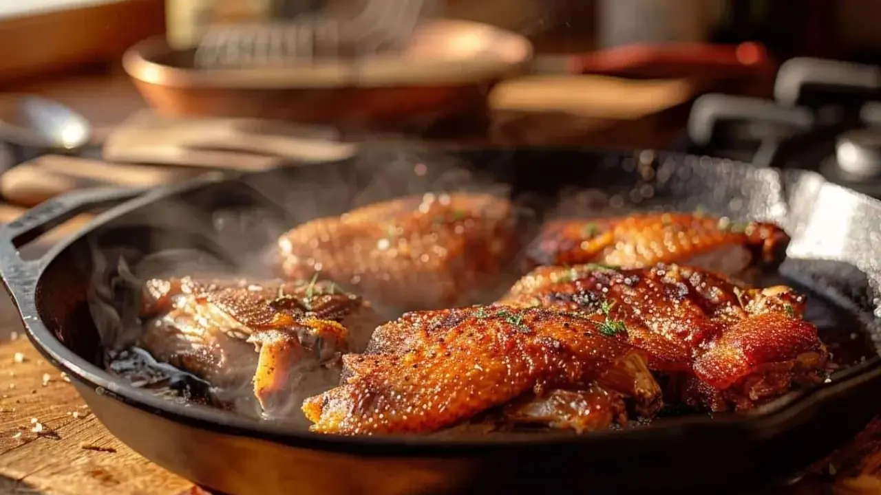 Cuisses de canard confites dorées et croustillantes mijotent dans une poêle en fonte, dégageant une vapeur appétissante.