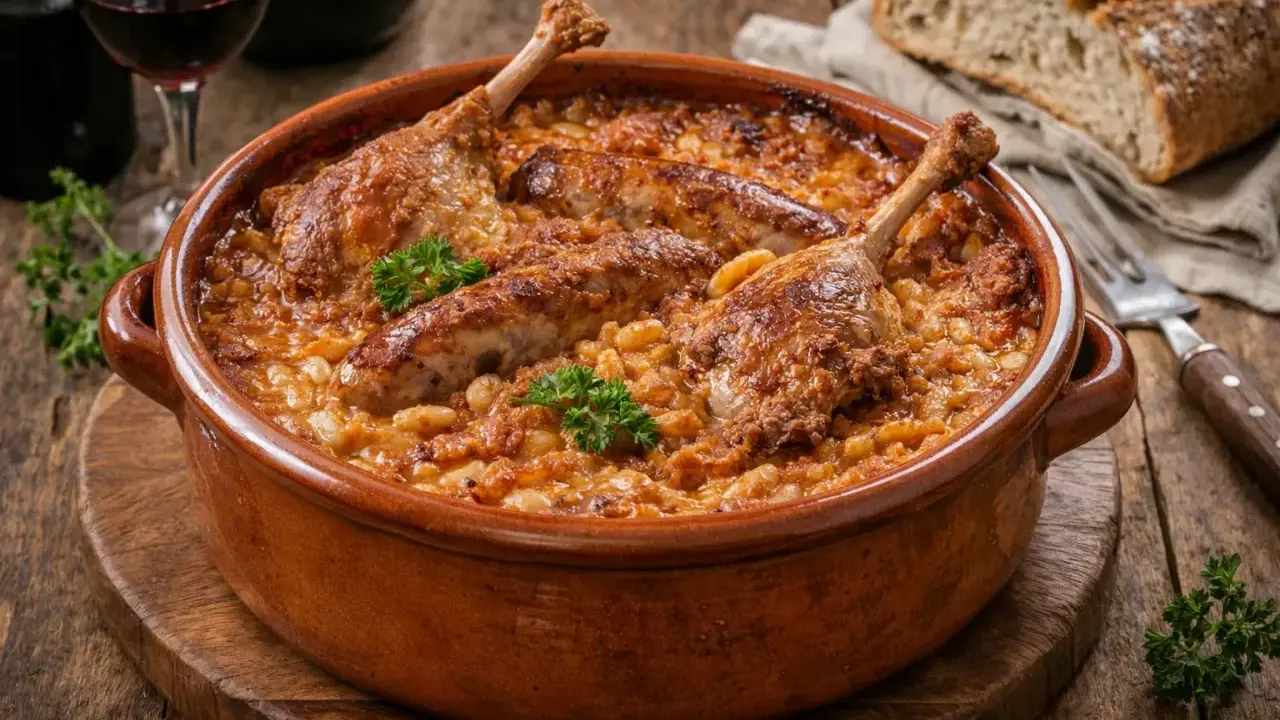 Un plat de cassoulet maison réconfortant, avec des confits de canard, des saucisses et des haricots blancs, garni de persil frais.