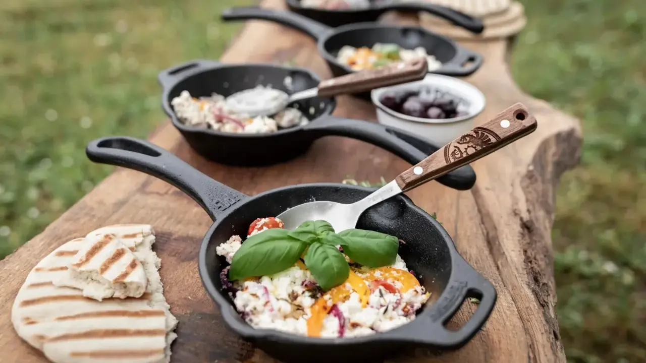 Petits woks de fromage frais, tomates et herbes, servis sur une planche en bois avec du pain grillé. Parfait pour un bbq.
