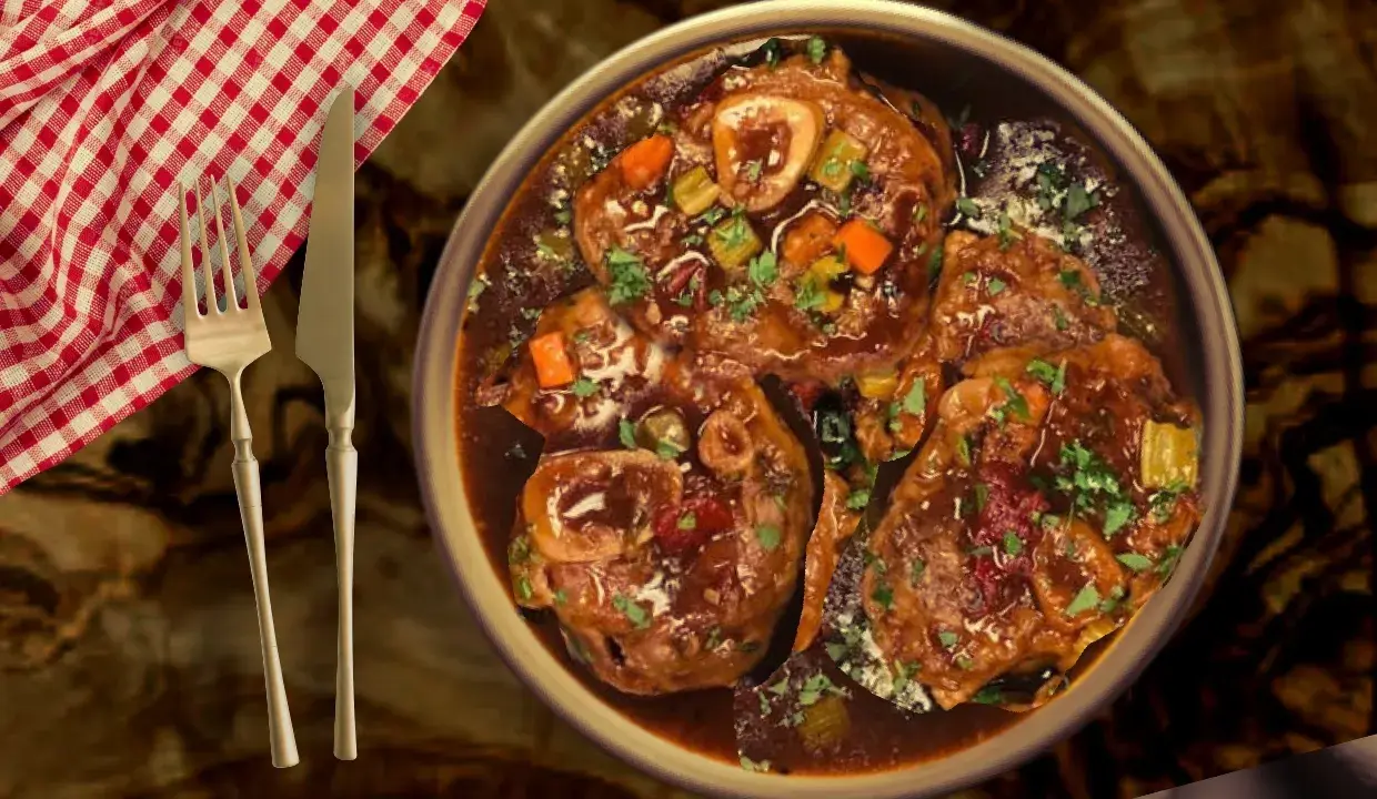 Un plat d'osso bucco mijoté, garni de persil frais, servi avec une serviette à carreaux rouges et blancs et des couverts.