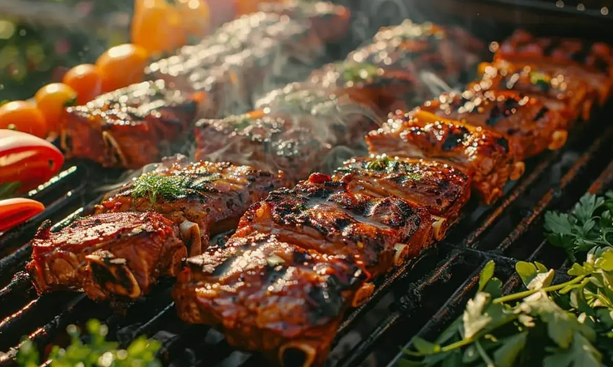 Des côtes levées juteuses et caramélisées cuisent sur un barbecue, dégageant une fumée alléchante. Parfait pour savoir que faire avec un barbecue !