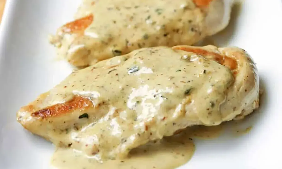 Deux morceaux de poulet à la crème, nappés d'une sauce onctueuse aux herbes, sur une assiette blanche. Un délice !