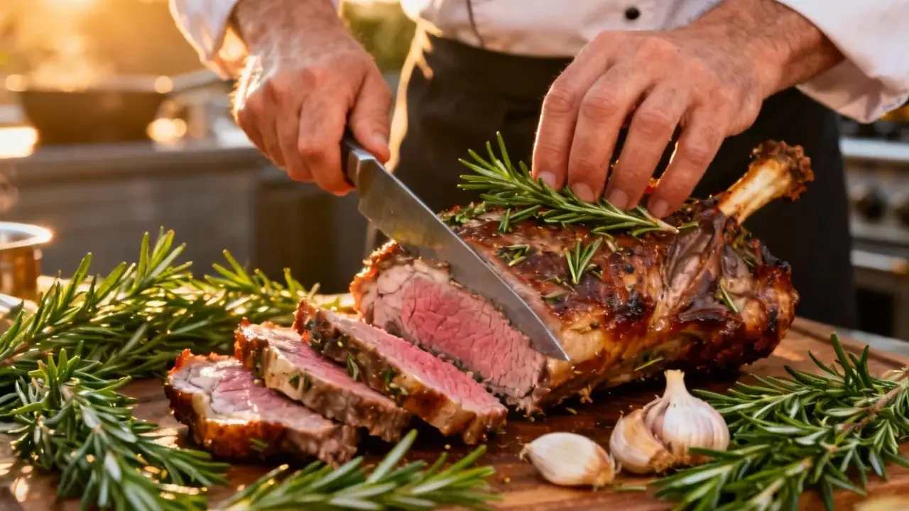 Un chef découpe un gigot d'agneau rôti, garni de romarin et d'ail. Une belle illustration pour une recette gigot agneau.