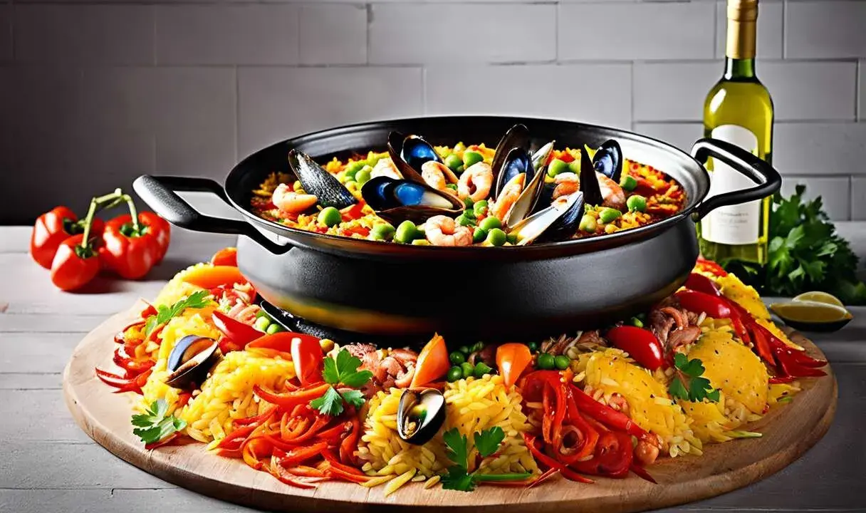 Un plat de paella royale débordant de fruits de mer, de riz jaune, de poivrons et de petits pois, prêt à être dégusté.