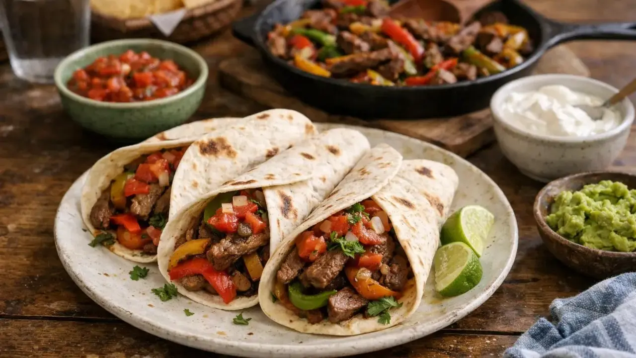 Trois fajitas boeuf garnies de poivrons, tomates et oignons, accompagnées de guacamole, salsa et crème fraîche. Une recette savoureuse !