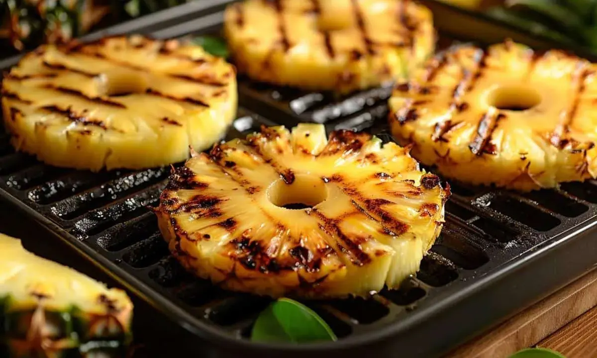 Tranches d'ananas caramélisées sur une plancha, leurs marques de grill ajoutent une touche gourmande. Un délice fruité et chaud.