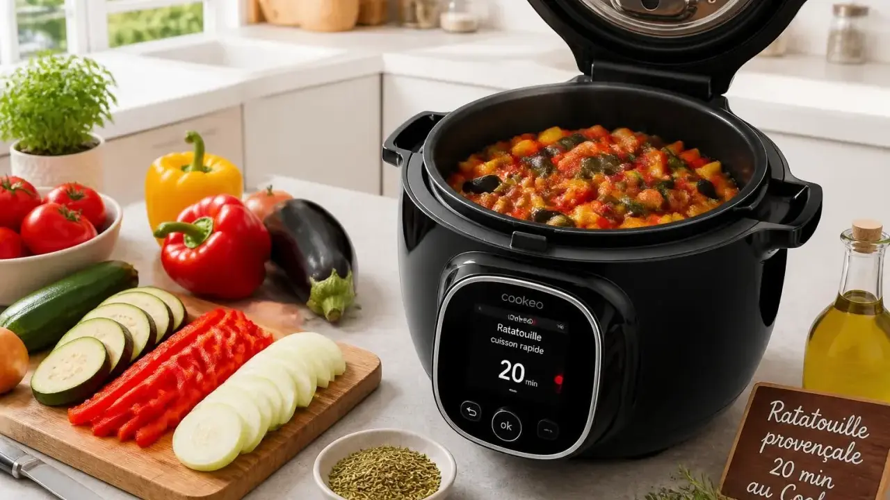 Ratatouille provençale prête en 20 minutes dans le Cookeo, avec des légumes frais coupés à côté.