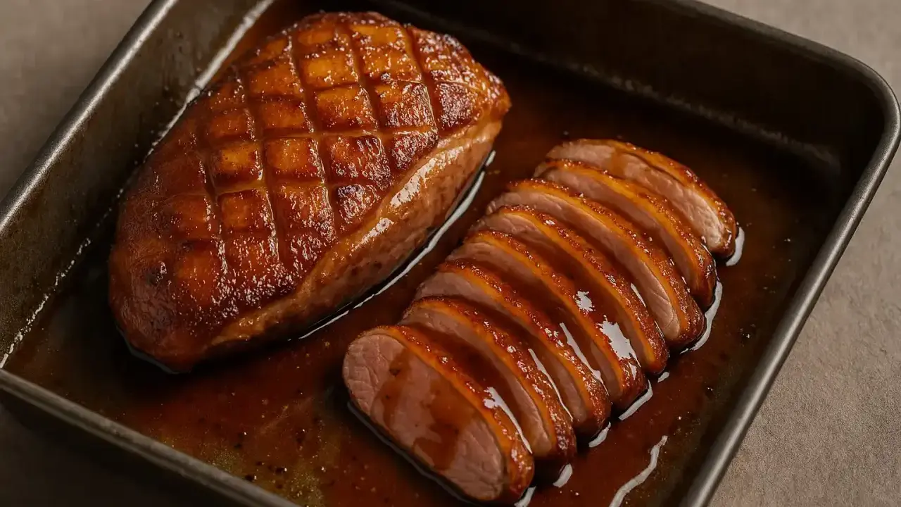 Un magret de canard au four, entier et tranché, baignant dans sa sauce caramélisée. Un délice croustillant et fondant.