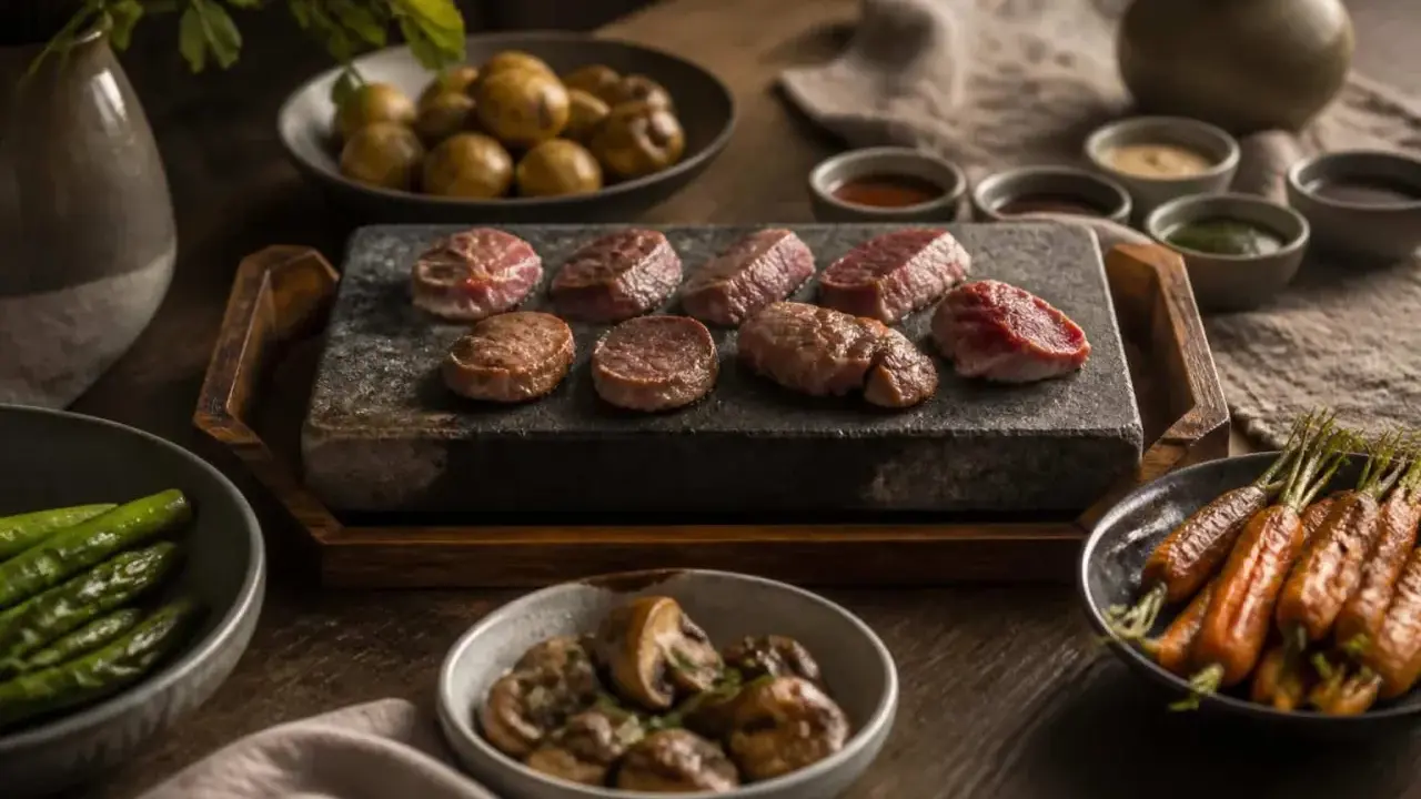 Viandes sur pierre chaude, accompagnées de pommes de terre, carottes, champignons et haricots verts. Quelle sauce pour une pierrade ? Plusieurs petits ramequins de sauces sont disposés.