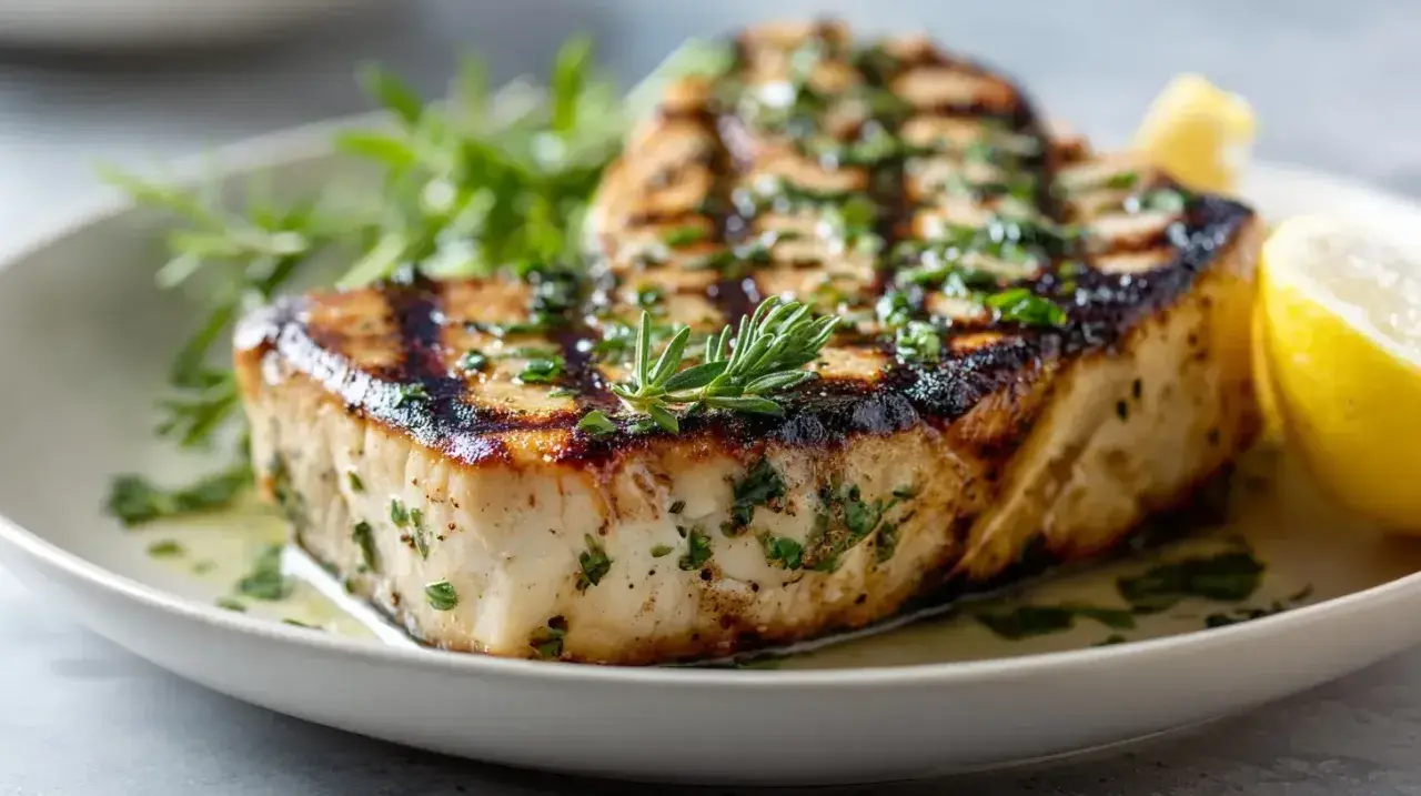 Un épais morceau d'espadon grillé, garni d'herbes fraîches et d'un quartier de citron, sur une assiette blanche.