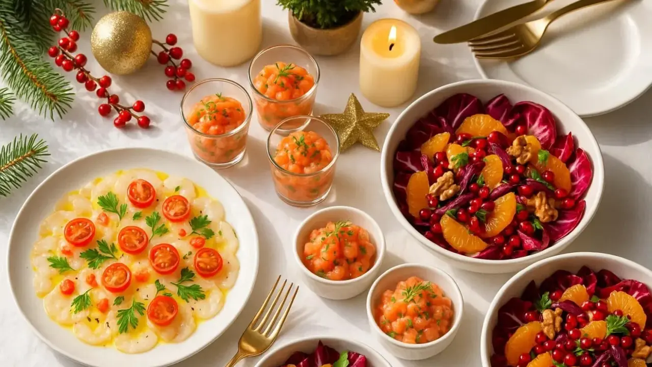 Une **plancha de Noël** festive avec carpaccio de Saint-Jacques, tartare de saumon et salades colorées. Bougies et décorations de fête.