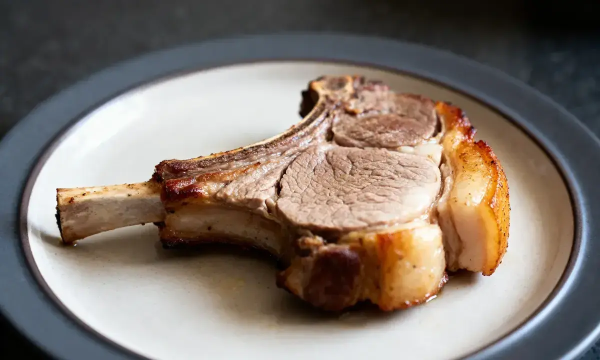 Une côte de porc dorée et juteuse, prête à être dégustée, repose sur une assiette.