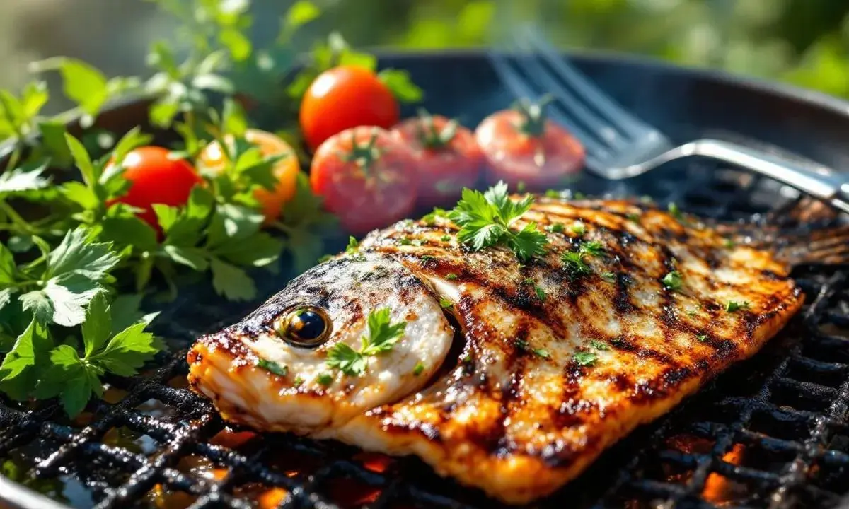 Maquereau grillé sur barbecue Weber, avec tomates et persil. Le temps de cuisson parfait pour un poisson savoureux.