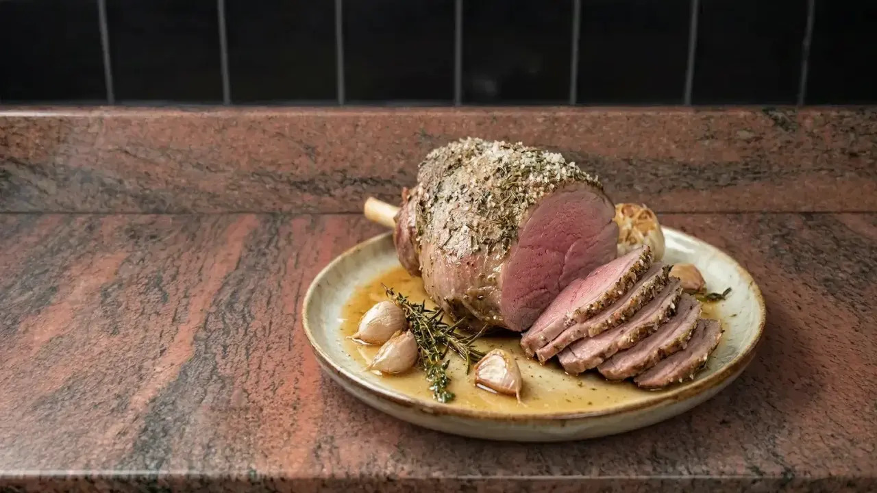 Un délicieux roti d'agneau au four, tranché et servi avec de l'ail rôti et des herbes sur une assiette.