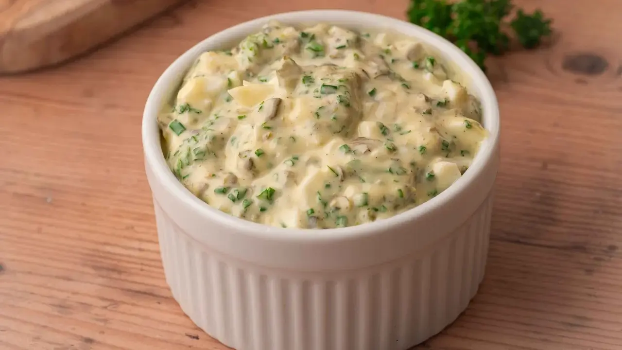 Sauce pour viande froide crémeuse avec des morceaux d'œufs durs et des herbes fraîches, servie dans un ramequin blanc sur une table en bois.