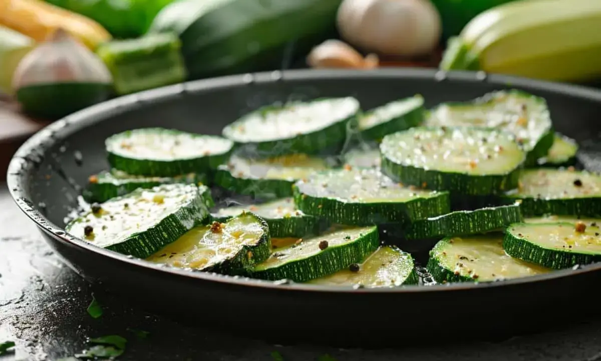 Tranches de courgettes assaisonnées cuisant dans une poêle, prêtes pour une délicieuse recette de courgette à la poêle.