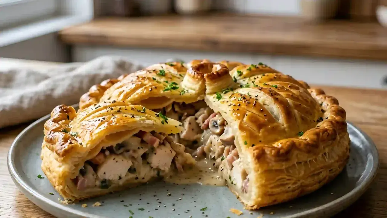 Une tourte au poulet dorée et feuilletée, garnie de poulet, champignons et lardons, prête à être dégustée.