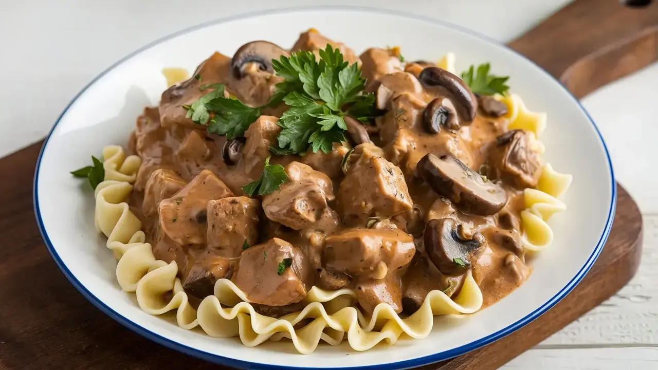 Un plat de boeuf Stroganoff crémeux avec des champignons et des pâtes ondulées, garni de persil frais. Un délice réconfortant.
