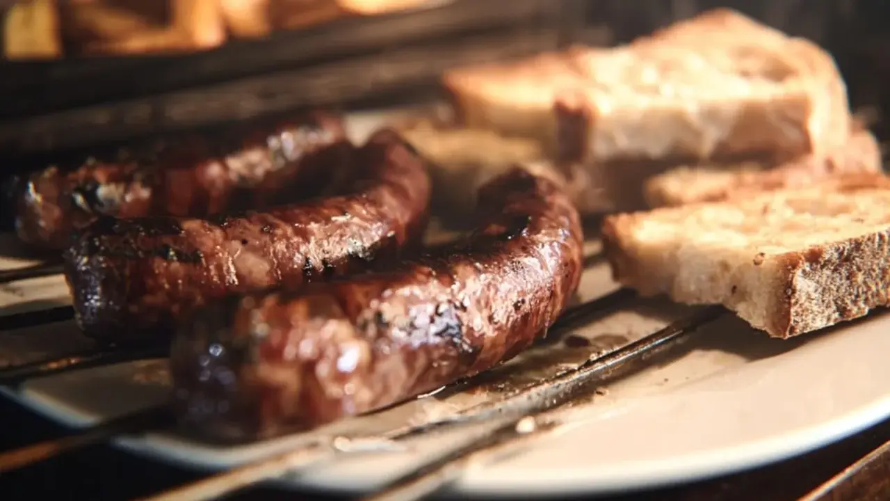 Figatelli grillés au four, accompagnés de pain grillé. Un délice simple et savoureux.