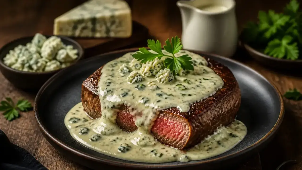 Un steak savoureux nappé d'une sauce maison pour viande crémeuse au bleu, garni de persil frais.