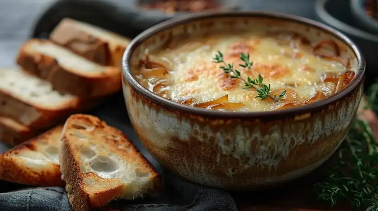 Un bol de soupe à l'oignon gratinée, avec du pain grillé à côté. Une recette réconfortante pour les journées froides.