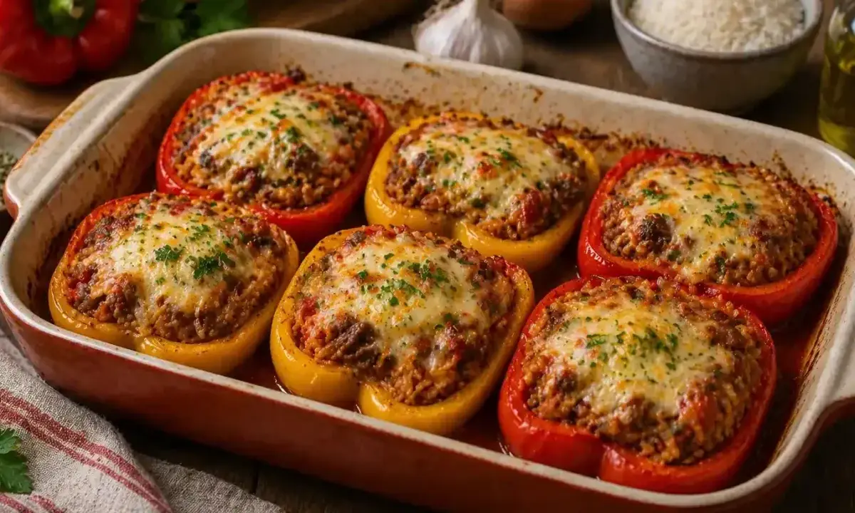 Six poivrons farcis, garnis d'une farce savoureuse et recouverts de fromage fondu, sortent du four dans un plat en céramique.