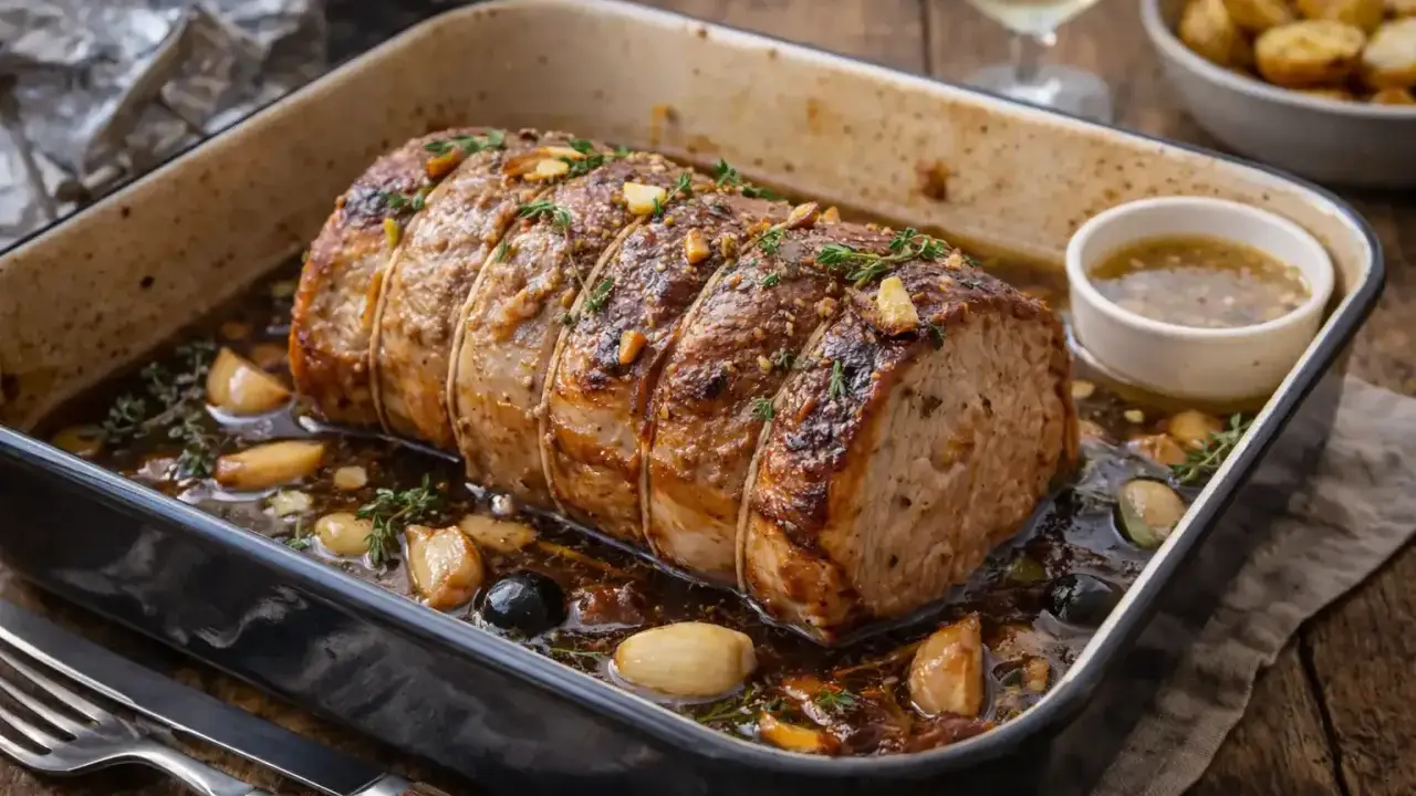Un rôti de porc au four, doré et juteux, baignant dans son jus avec ail et herbes. Un délice prêt à être dégusté.