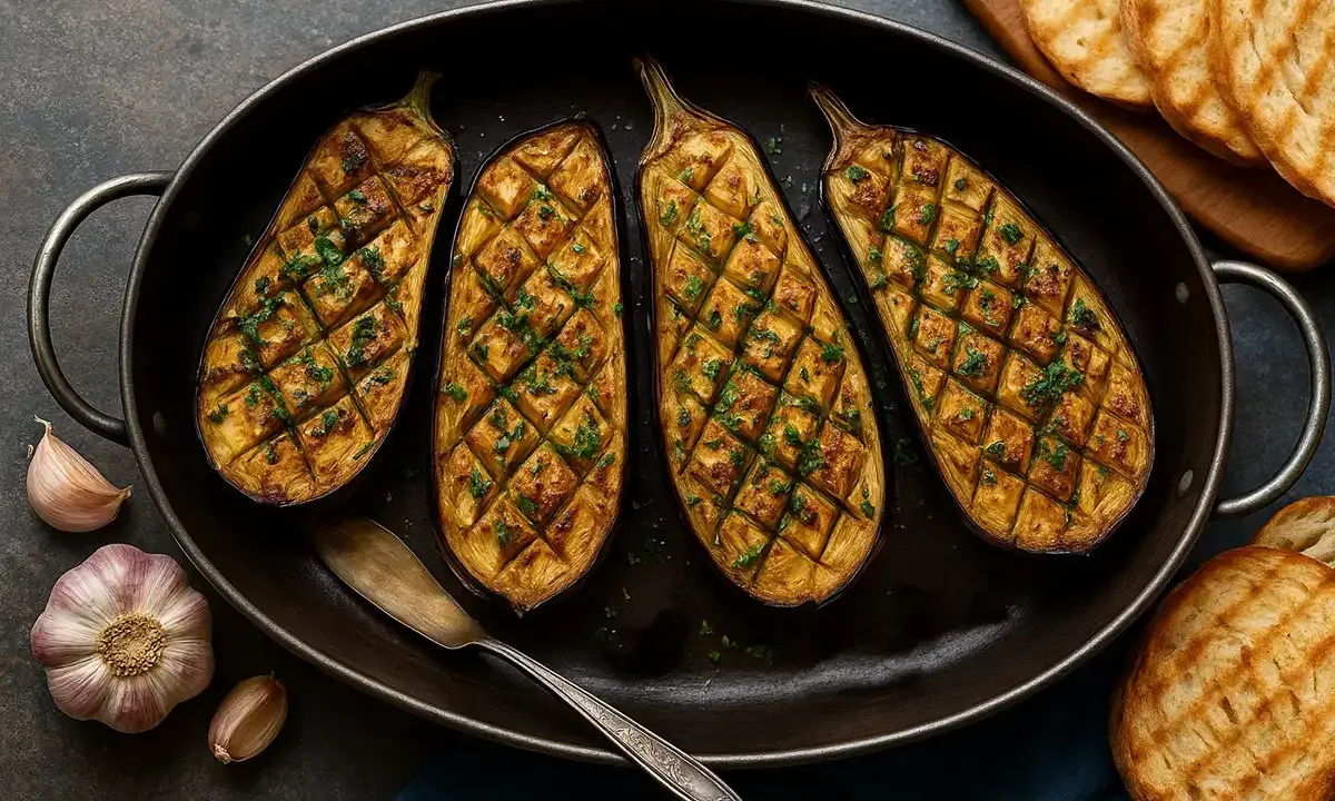 Quatre moitiés d'aubergine au four, grillées et parsemées de persil frais, dans un plat ovale avec de l'ail et des toasts grillés à côté.
