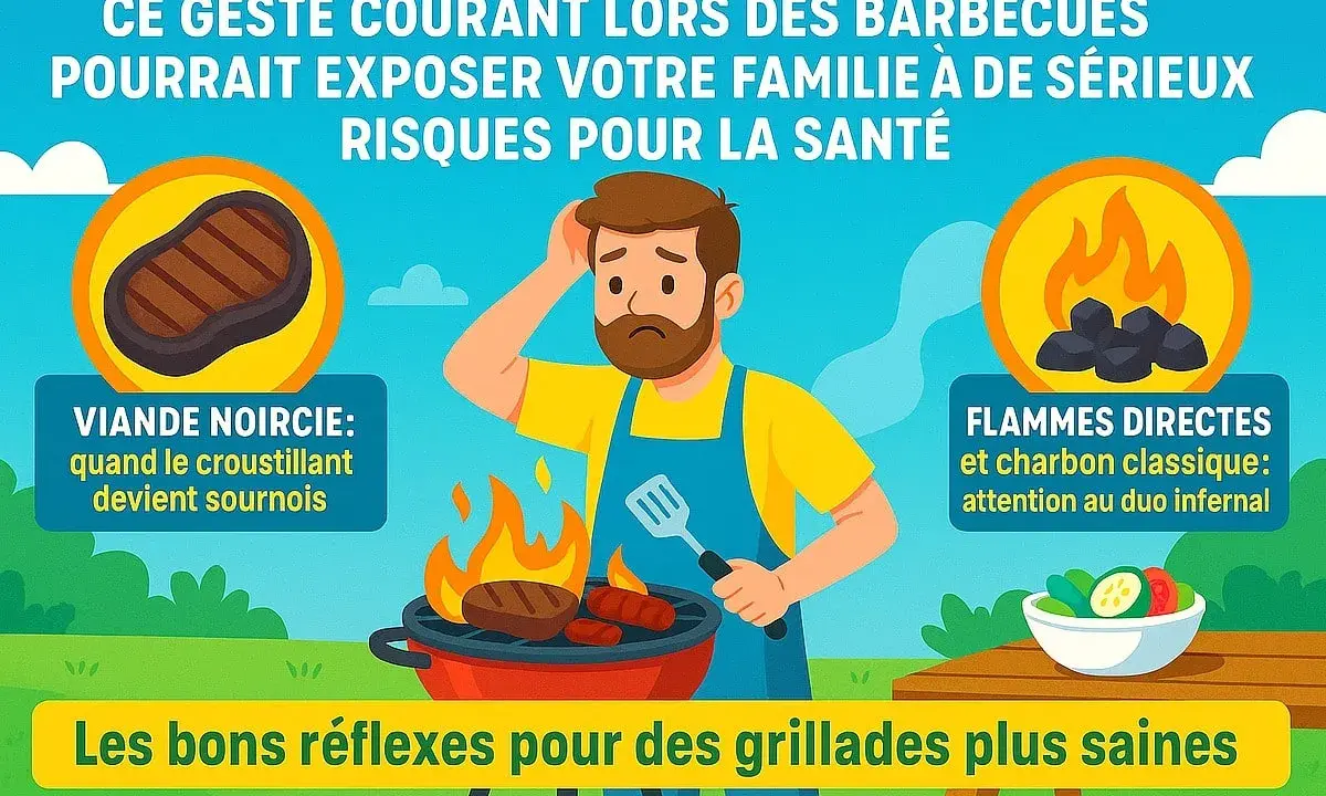 Un homme inquiet prépare un barbecue. La viande noircie et les flammes directes sur le charbon de bois présentent un danger pour la santé.
