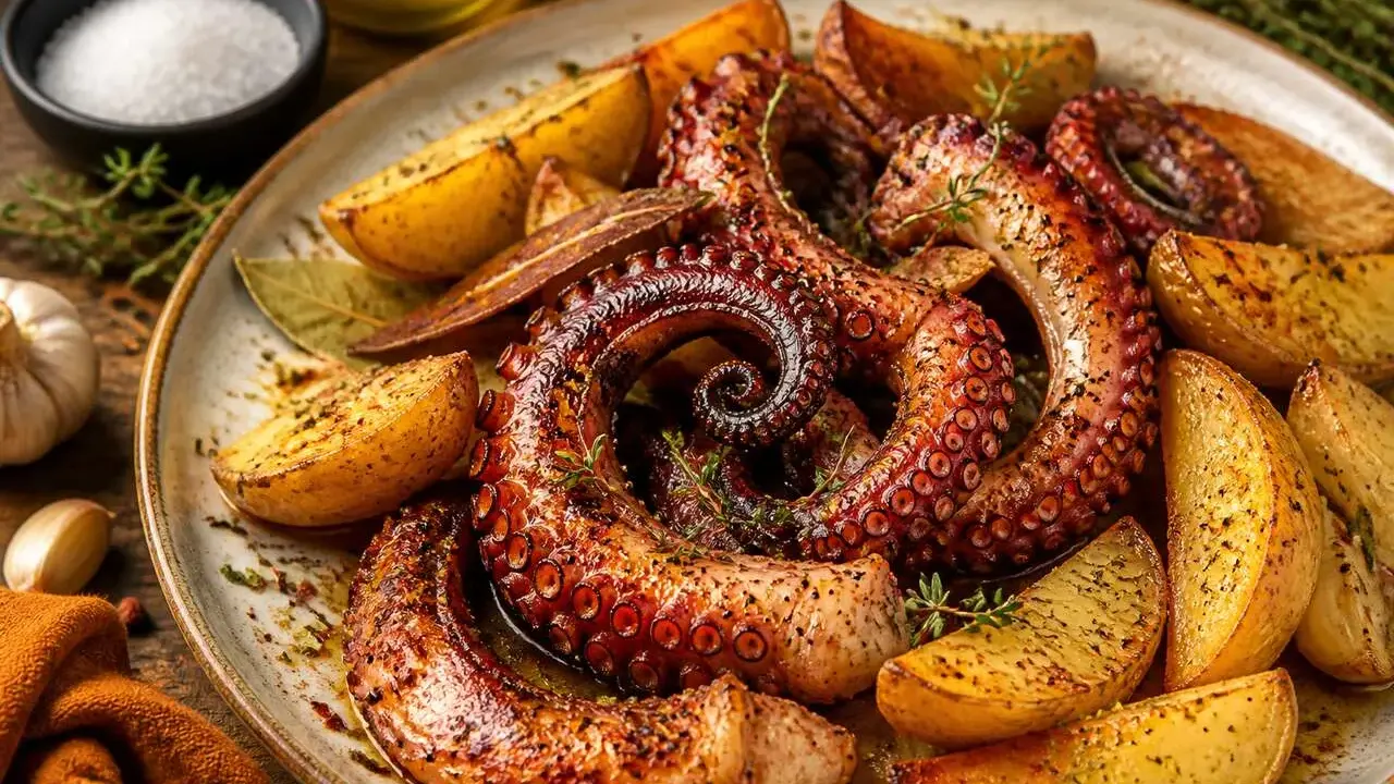 Un plat appétissant de poulpe grillé, aux tentacules enroulés, servi avec des quartiers de pommes de terre dorées et des herbes fraîches.