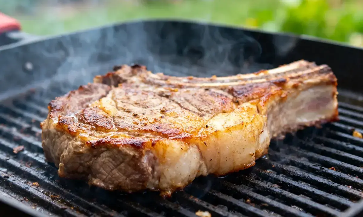 Un gros morceau de bœuf sur un gril, fumant doucement. La cuisson lente au barbecue révèle une croûte dorée et une chair juteuse.