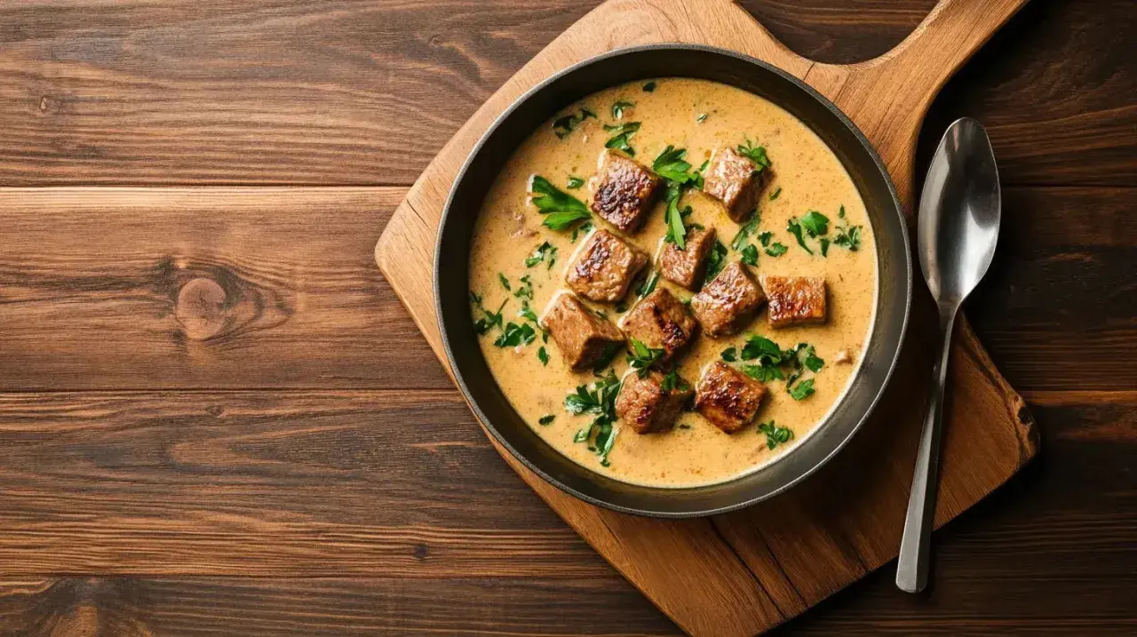 Un plat de veau en sauce crémeuse, parsemé de persil frais, prêt à être dégusté. Une sauce pour accompagner le veau qui promet saveur et onctuosité.