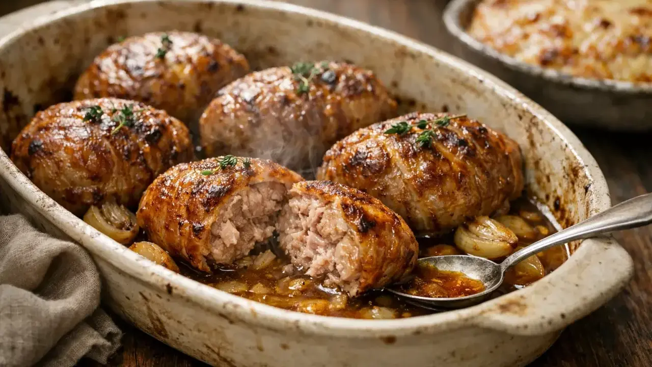 Six savoureuses crepinettes de porc dorées, servies dans un plat en terre cuite avec des oignons caramélisés et une sauce savoureuse.