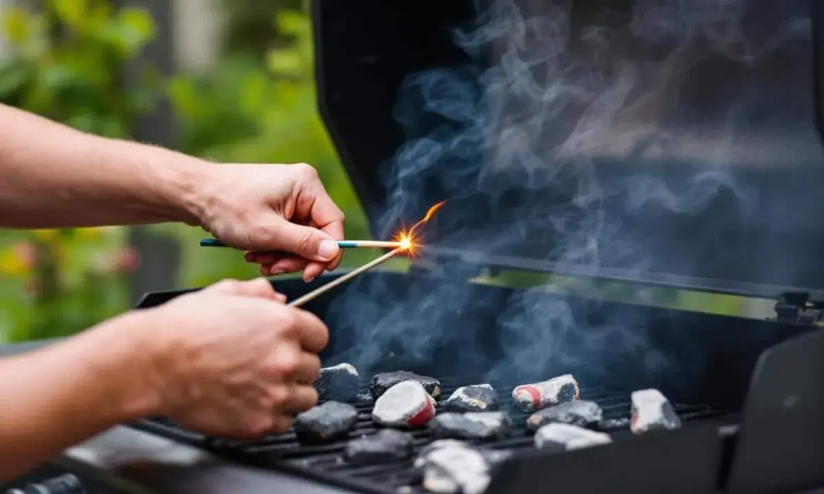 Des mains allument des charbons pour faire un barbecue. La fumée monte, annonçant un bon repas en plein air.
