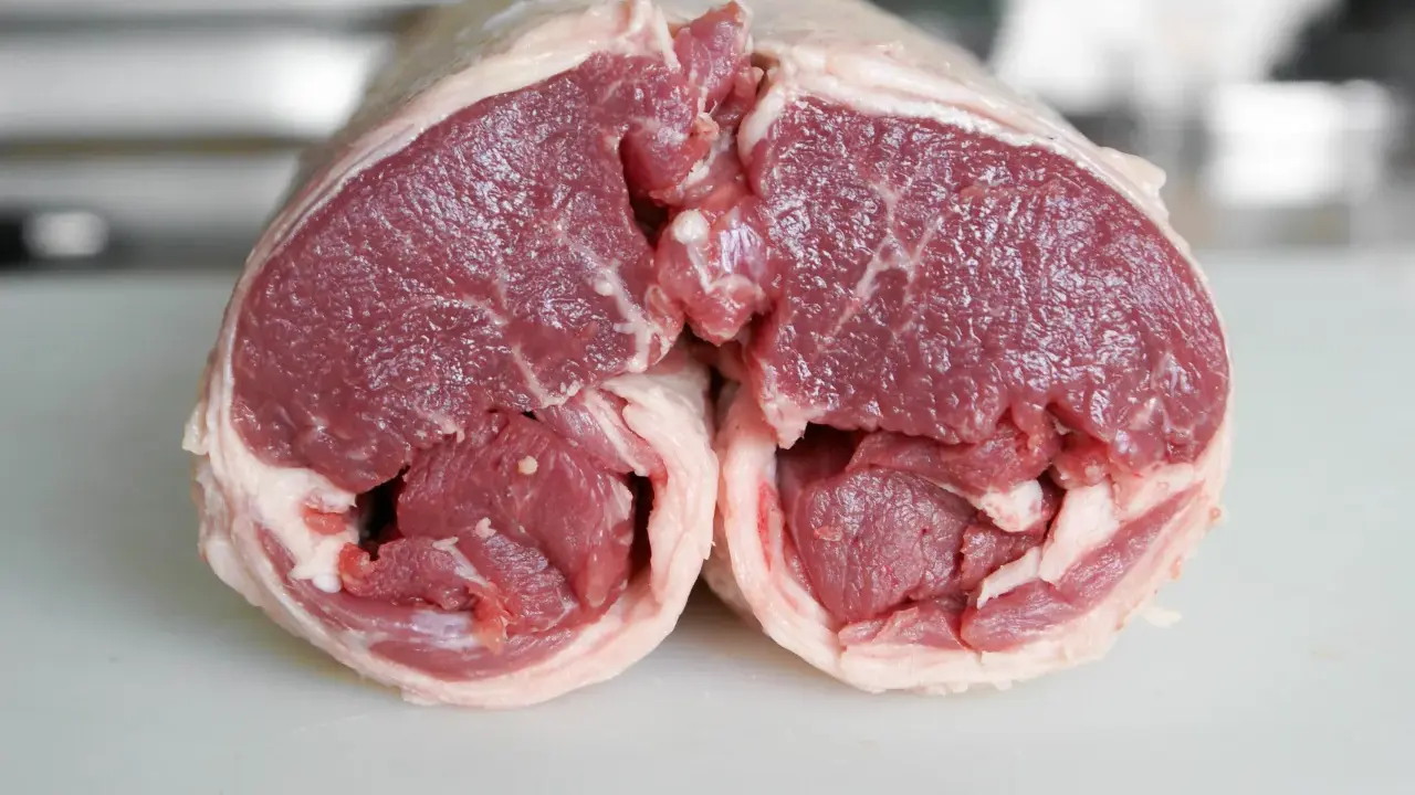 Un plat avec agneau cru, coupé en deux, révélant la chair rouge vif et le gras blanc. Prêt pour une cuisson savoureuse.