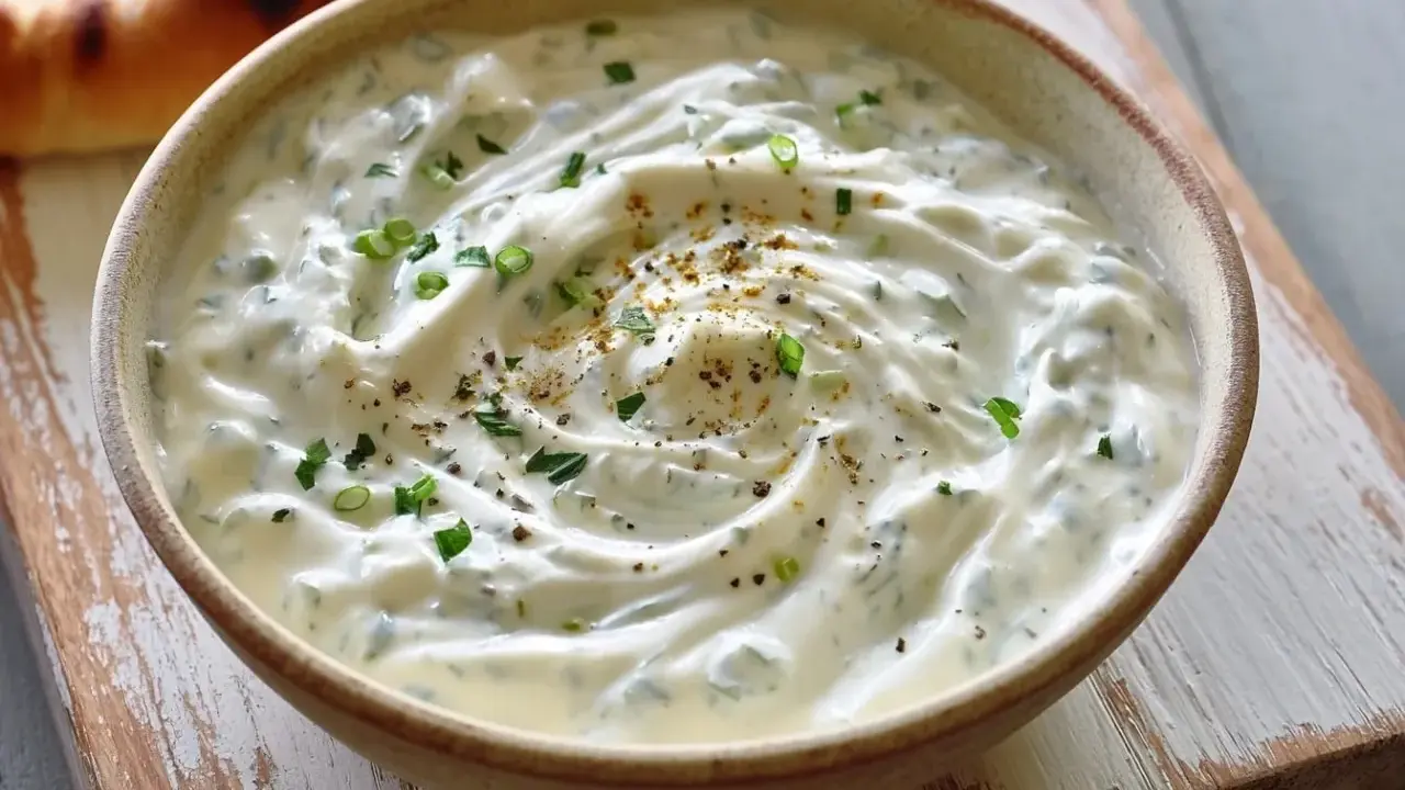Un bol de sauce blanche crémeuse, garnie d'herbes fraîches et d'épices, prête à accompagner un pain grillé.