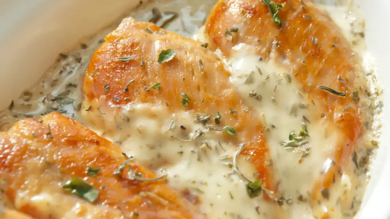 Trois morceaux de poulet au four dorés, nappés d'une sauce crémeuse et garnie d'herbes. Une sauce d'accompagnement pour poulet au four parfaite.