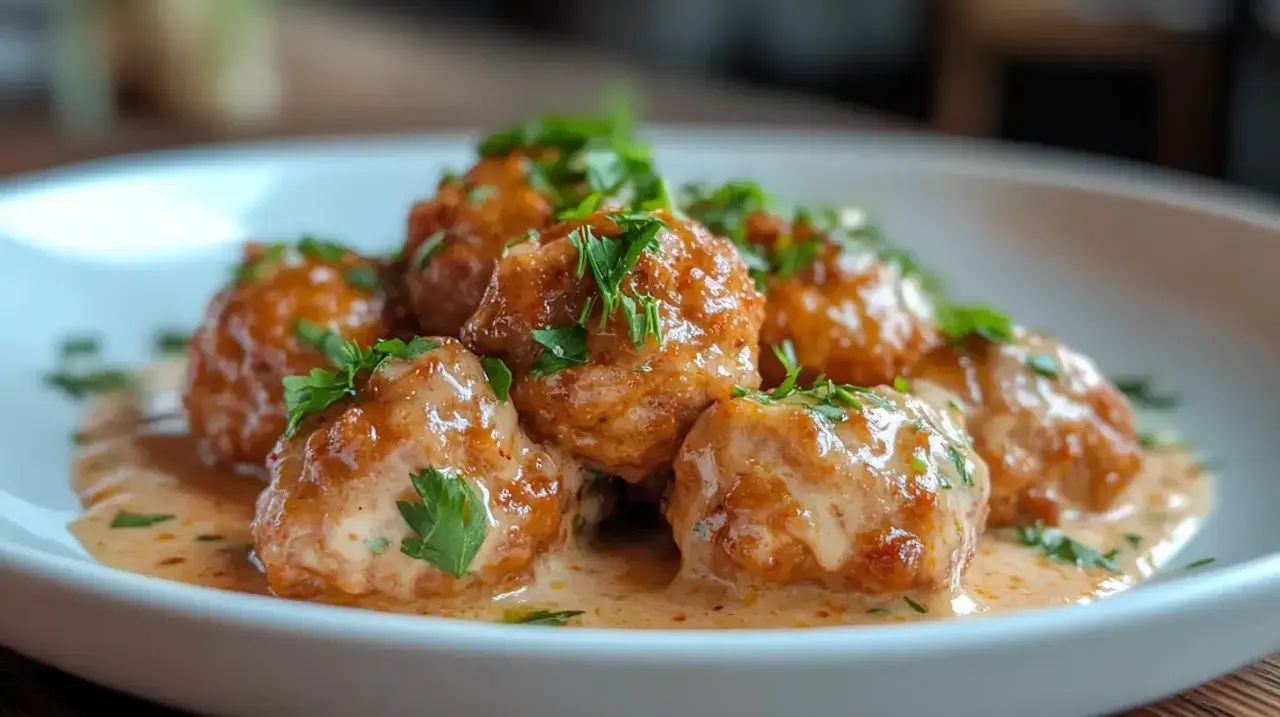 Boulettes de bœuf savoureuses, nappées d'une sauce crémeuse et garnies de persil frais. Une recette de boulette de boeuf qui met l'eau à la bouche.