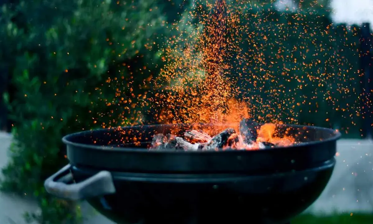 Un barbecue en plein air, avec des braises incandescentes et des étincelles qui dansent. L'odeur du barbecue bois ou charbon emplit l'air.