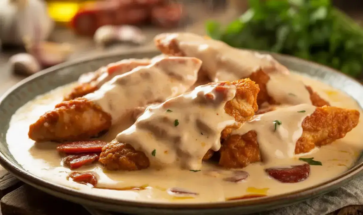 Morceaux de poulet pané nappés d'une onctueuse sauce crémeuse avec des morceaux de chorizo.