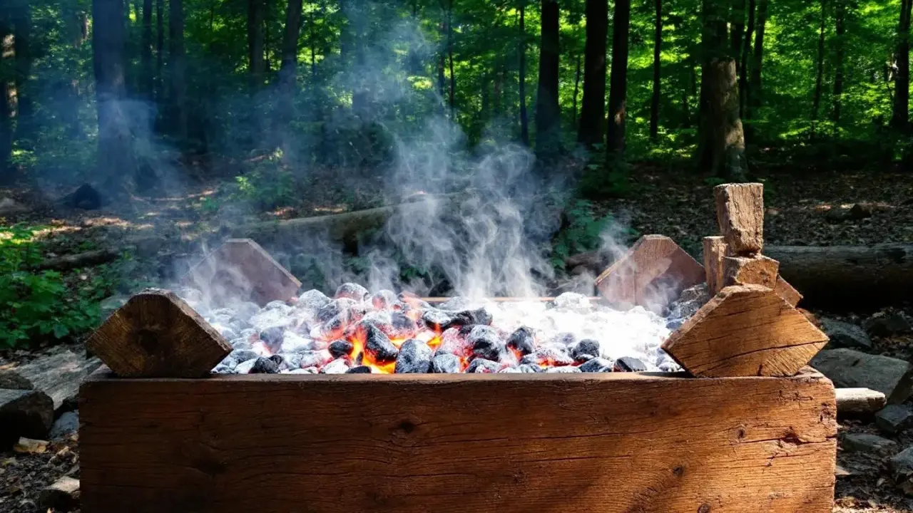 Bûches de bois et braises ardentes dans un barbecue rustique, évoquant l'origine du barbecue en pleine forêt.